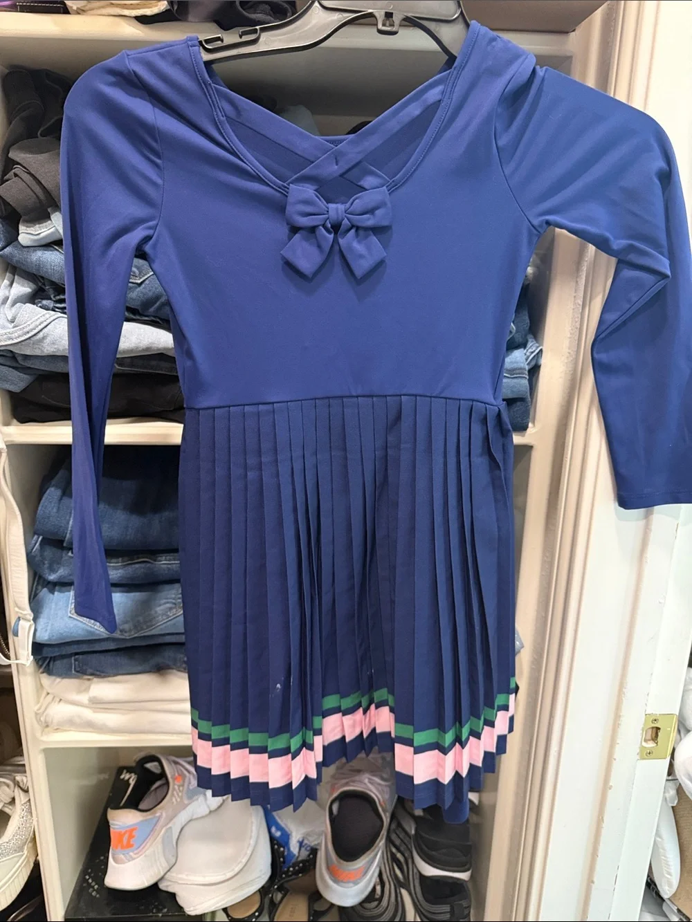 Gymboree Navy Long-Sleeve Pleated Dress with Pink & Green Stripe Trim